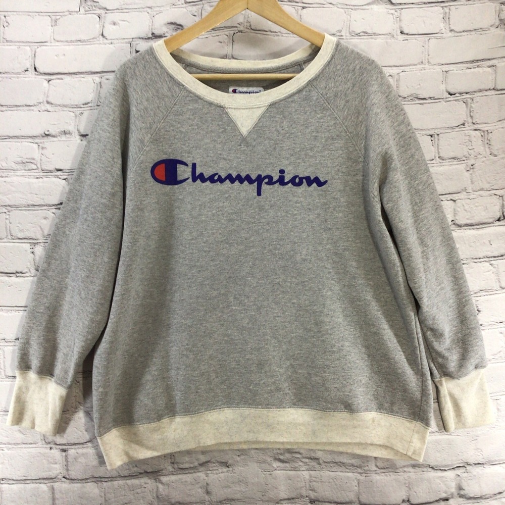 Vintage Champion Spellout Sweatshirt Unisex‎ 1X Athletic Gray Logo Flaw
